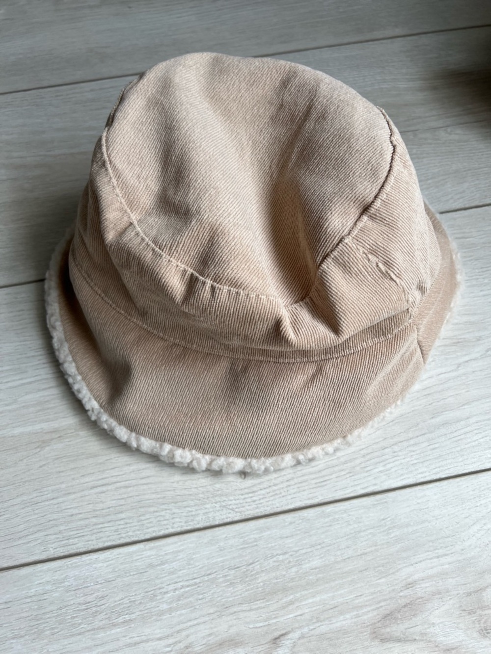 Beige Corduroy Bucket Hat with Sherpa Trim